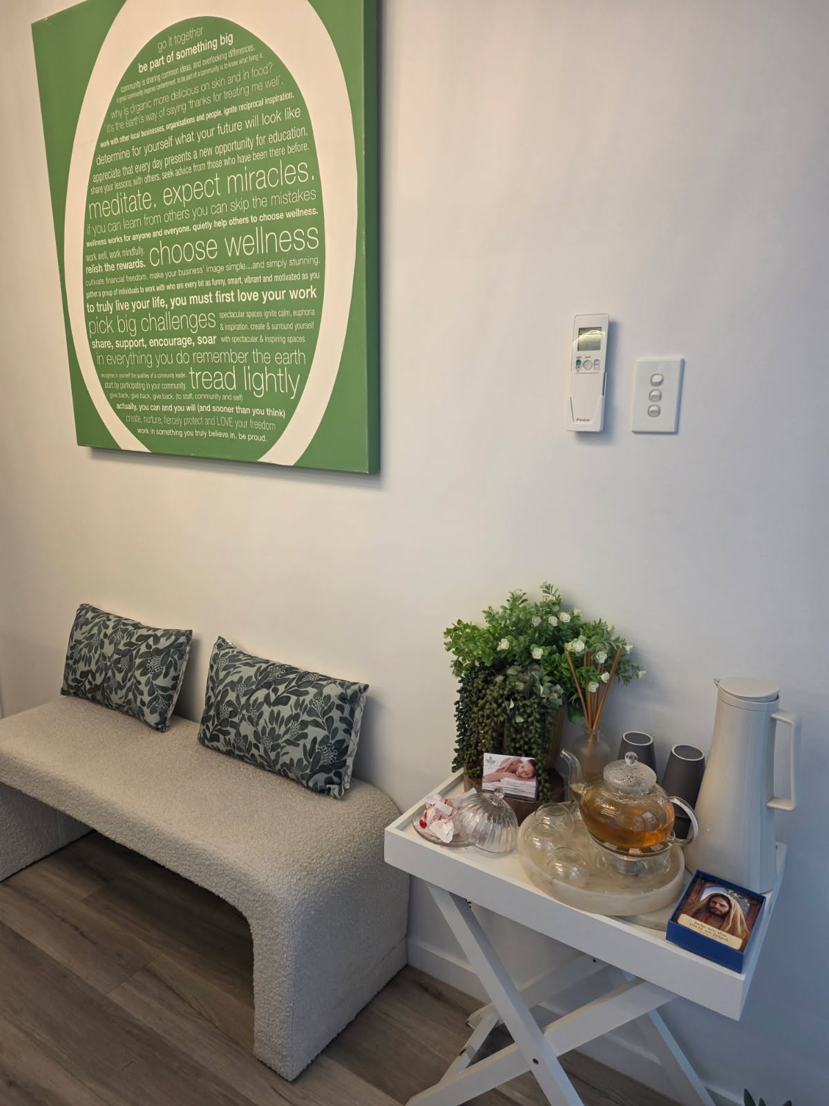 The studio's welcome lounge, with tea and a moment of calm