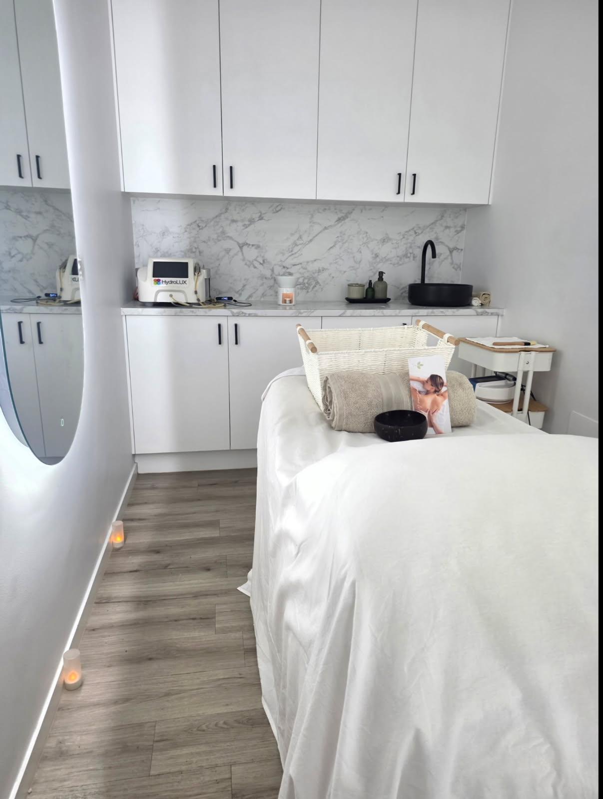 A calm treatment room at the studio, set up for a facial